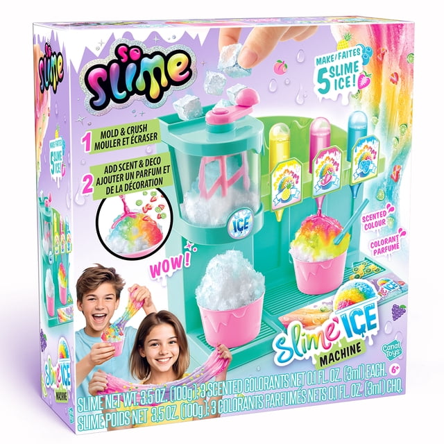 SO SLIME SLIME'ICE MACHINE by Canal Toys, a multicolour slime-making kit for kids aged 6 and up. The kit includes molds, scented colorants, and mix-ins to create five slime cups resembling colorful summer ice treats. The packaging highlights the vibrant slime station and customization options.