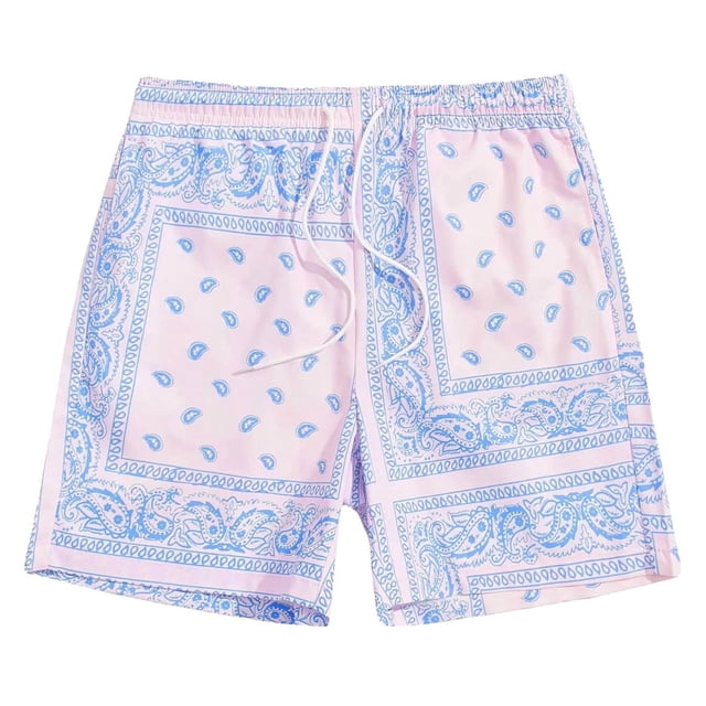 Men's Boho Summer Board Shorts with Drawstring Waist and Paisley Print for Beach and Pool