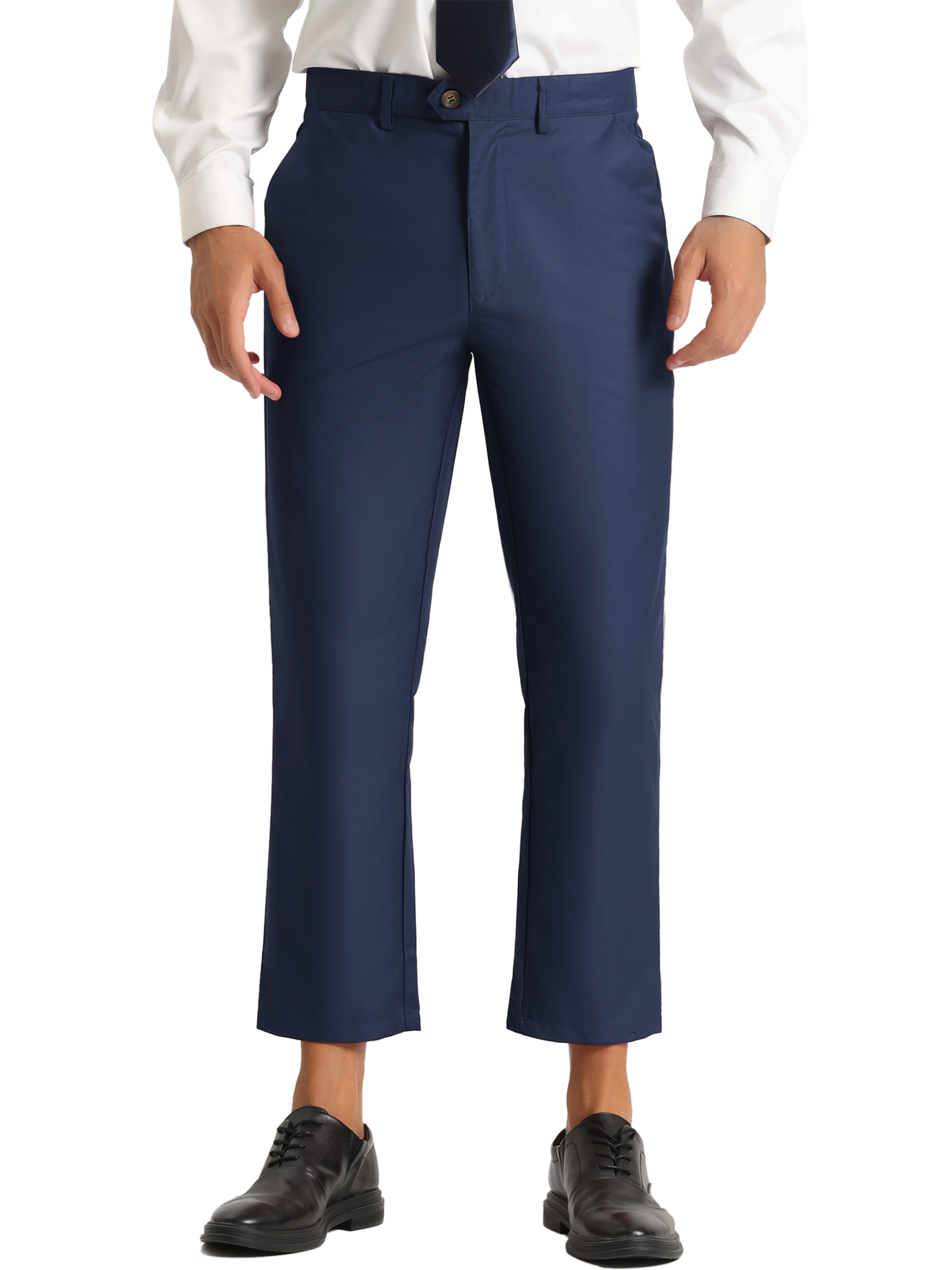 INSPIRE CHIC Men's Formal Cropped Pants Solid Color Flat Front Dress Trousers Navy Blue 28