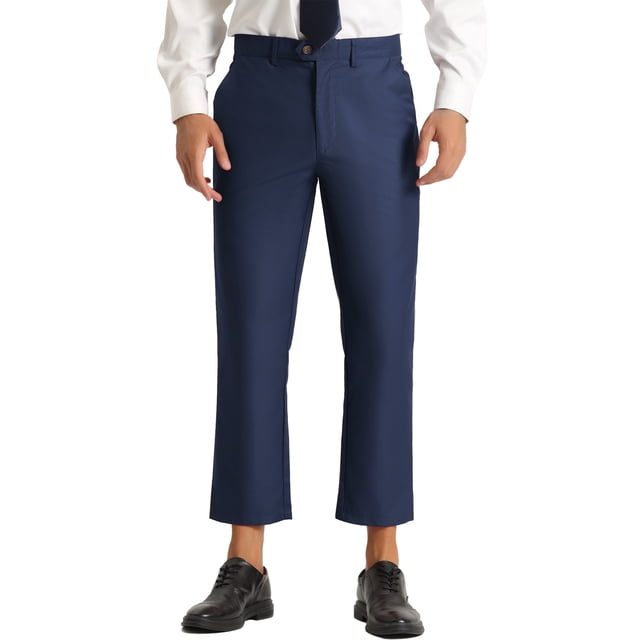 INSPIRE CHIC Men's Formal Cropped Pants Solid Color Flat Front Dress Trousers 34 Navy Blue