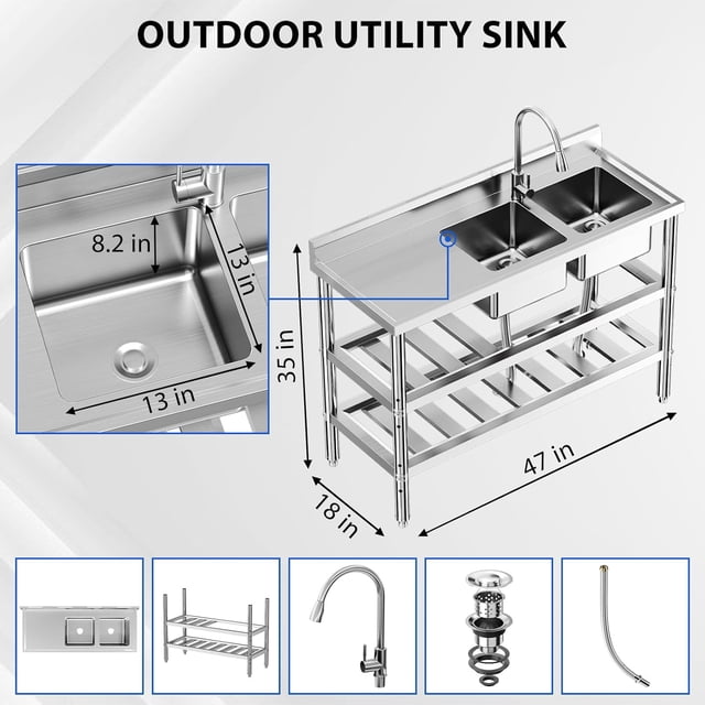 Bingirl Évier Utilitaire en Acier Inoxydable Freeest&ing avec Deux Bols 47 * 18 * 35 Po Pieds Ajustables Drainage Efficace Résistant aux Obstructions Robinet Coulissant en Acier Inoxydable 304 Rangement pour Couteaux Étagère Ouverte