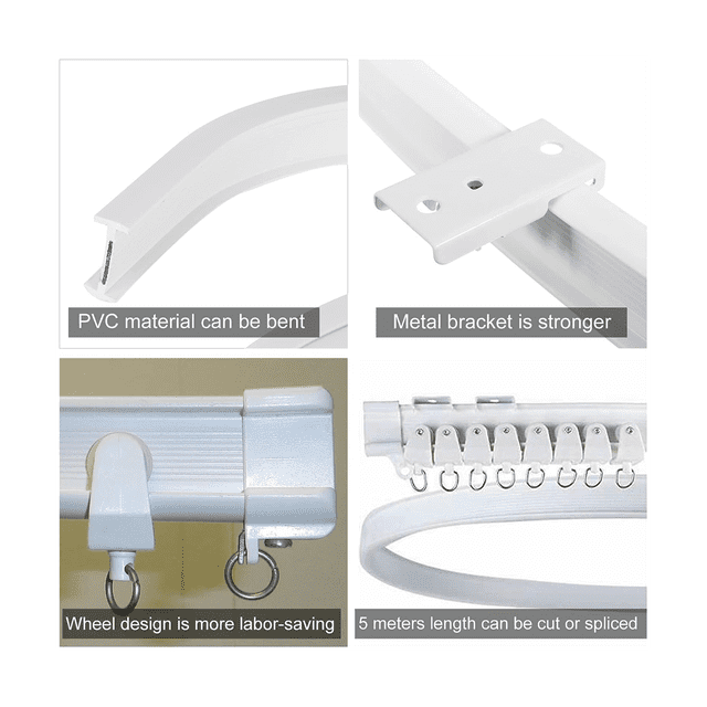 Rail de Rideau de Plafond Flexible de 5 Mètres, Rail de Rideau de Plafond Flexible, en PVC durable et Acier au Carbone Souple pour la Flexibilité et la Résistance. l'Ensemble Comprend 26 Rouleaux de Rail, 26 Crochets de Rideau, 9 Supports de Plafond Amovibles, 9 Vis de Montage, 9 Bouchons en Caoutchouc, 4 Embouts, et un Tournevis Multiple. Conçu pour Être Découpé et Flexible, Il s'Adapte à Diverses Formes et Tailles de Fenêtres. Idéal pour Être Utilisé comme Séparateurs de Pièce, Rideaux de Douche Ou Murs de Fond dans les Maisons, Bureaux, Caravanes
