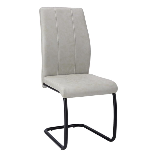 Monarch Specialties Dining Chair, Set of 2, side view of a modern grey upholstered dining chair with cushioned seat and two vertical stitched lines on the backrest, supported by a black U-shaped metal base, suitable for compact kitchen or dining rooms and pairs well with matching tables.
