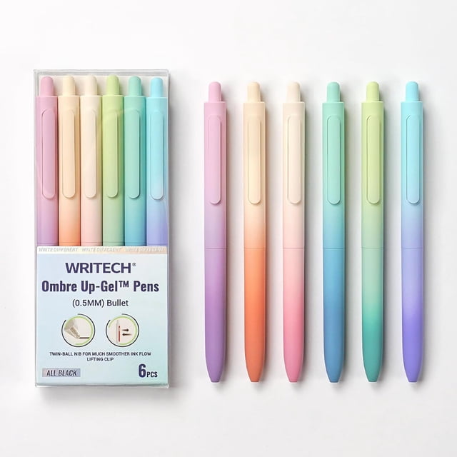 Writech Space-Up Gel pens, a set of six 0.5mm fine point retractable pens with black ink. Designed for smooth writing, note-taking, bullet journaling, and sketching, these pens feature gradient ombre matte barrels for a comfortable grip. Includes a hatch-door-type pen clip and quick-dry ink for a smear-free experience.