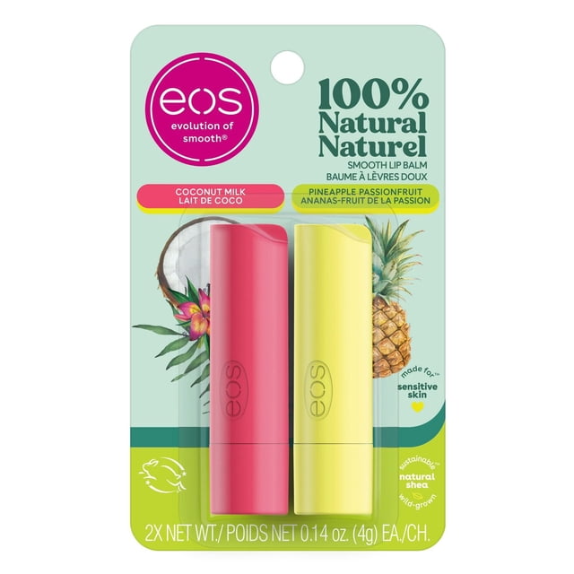 eos 100% Natural Smooth Lip Balm pack containing two 4g tubes in Coconut Milk and Pineapple Passionfruit flavors, with pink and yellow packaging, formulated for sensitive skin using sustainable natural shea, displayed on a mint green card with coconut and pineapple illustrations.