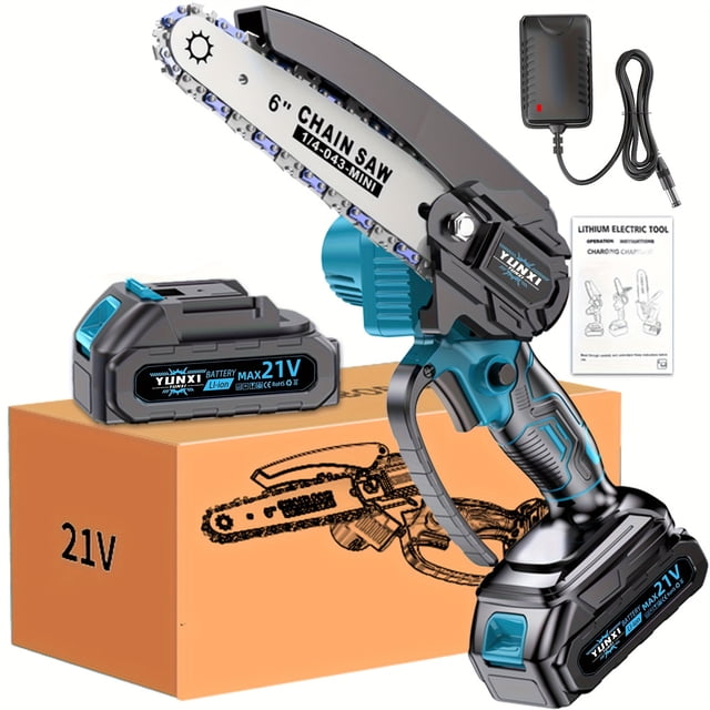21V 6-Inch Cordless Mini Chainsaw with Lithium Battery, Handheld Electric Saw for Wood Cutting & Tree Trimming front-facing compact handheld tool with 6-inch guide bar and sharp chain, ergonomic anti-slip handle for one-handed pruning, visible safety switch and chain brake, removable 21V battery and charging port, note of automatic oil pump for chain lubrication.