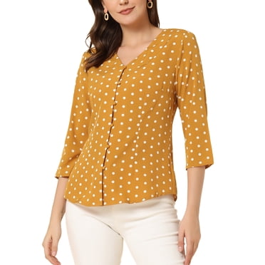 INSPIRE CHIC Women's Blouse V Neck 3/4 Sleeve Polka Dots Button Front Top XL Yellow