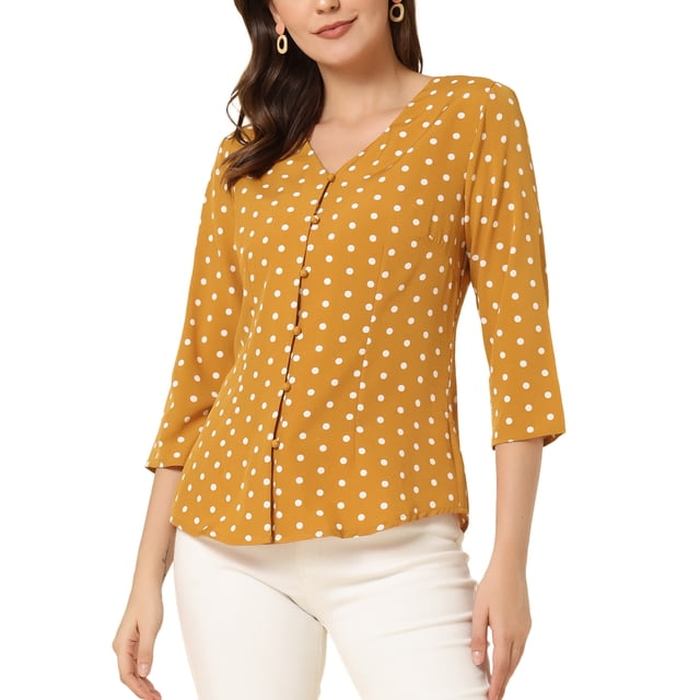 INSPIRE CHIC Blouse pour Femme Col en V Manches 3/4 Pois devant Boutonné Haut TP Jaune