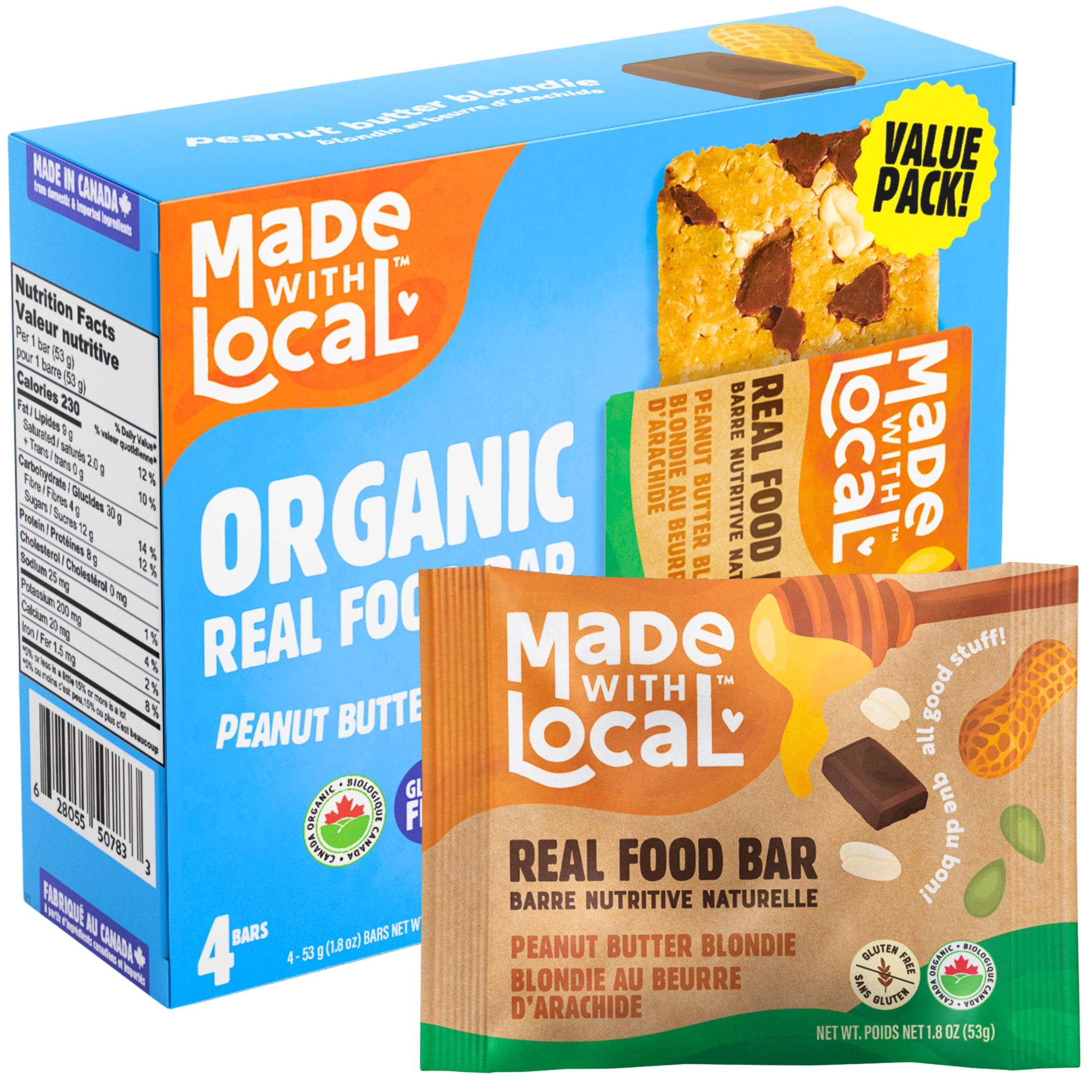 Made with Local Peanut Butter Blondie Organic Energy Bars (Organic, Gluten-Free, Non-GMO, 8g Protein, Simple Ingredients, Made in Canada), 4-Pack (212 g)