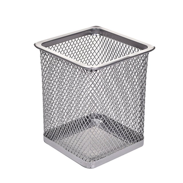 fastboy Mesh Metal Pen Holder Pot Smooth Edge Fashion Table Container Eraser Ruler Caddy Desk Stationery Holders Organizer Office Square/Silver