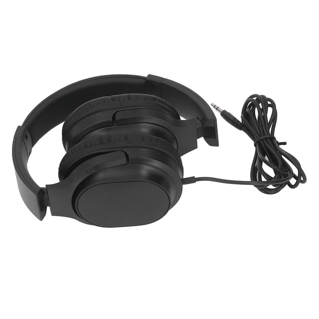 Guitar Headphone, Wired ABS Foldable Lightweight Over Ear Headphone for Home. Features a black foldable design with leather earmuffs for comfort. Includes a 3.5mm pin plug and a 2.0m (6.6ft) cable. Suitable for acoustic and electric guitars, offering pure sound quality with a frequency response of 20Hz-20000Hz and 32 Ohm impedance. Adjustable headband for a comfortable fit.