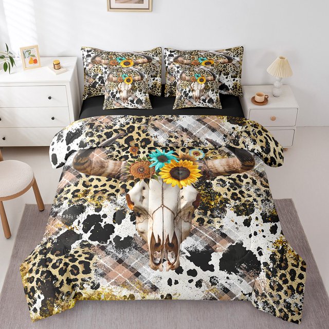 Erosebridal Sheep Skull Bedding Sets Full Size, Rustic Sunflower Comforter Sets with Sheets, Leopard Cheetah Print Decor, Reversible