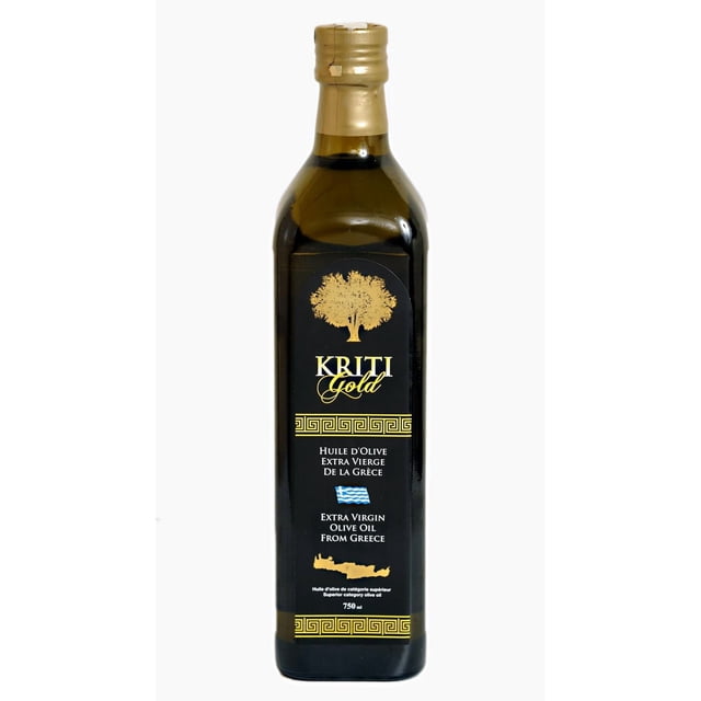 KRITI GOLD EXTRA VIRGIN OLIVE OIL in a 750 ml dark green glass bottle with a gold foil cap, featuring a black label with gold Greek key patterns and an olive tree graphic, indicating extra virgin olive oil from Greece, ideal for cooking and pantry use.