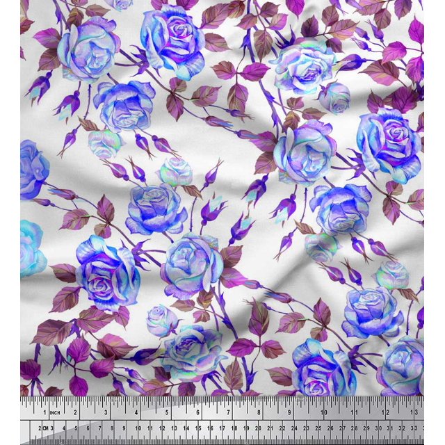 Soimoi Tissu Poly Georgette Feuilles et Imprimé de Fleurs de Roses, Tissu au Mètre, 42 Pouces de Large