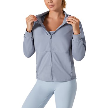 LUXUR Vestes de Yoga pour Femmes à Capuche Haut d'Entraînement Couleur Unie Veste de Survêtement Vêtements d'Entraînement Manteau Tunique à Manches Longues Gris Bleu Lac TG
