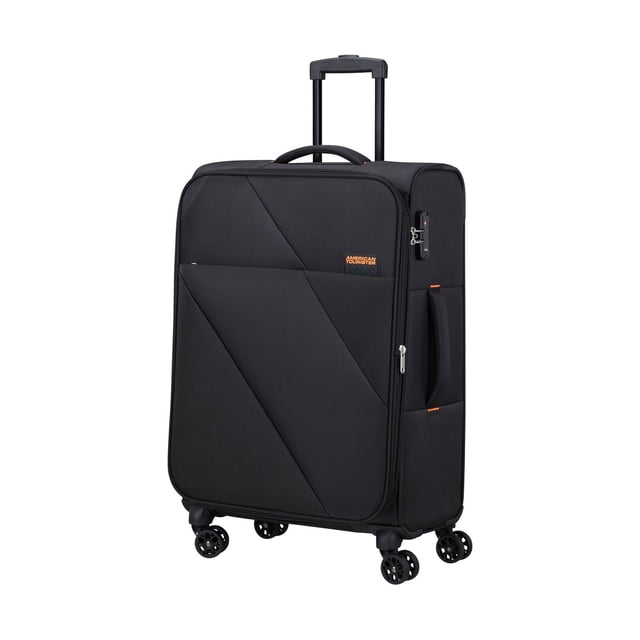 American Tourister Sun Break Spinner Medium black softside checked luggage with dual spinner wheels, TSA-approved combination lock, lightweight design, multi-stage pull handle, and side carry handle, shown in a 3/4 profile view on white background, ideal for efficient travel packing.