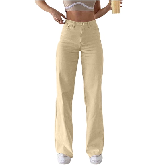 Lenpel Jeans for Women Fashion High Waisted Straight Leg Denim Pants Loose Trendy Casual Trousers with Pockets(Beige,Medium)