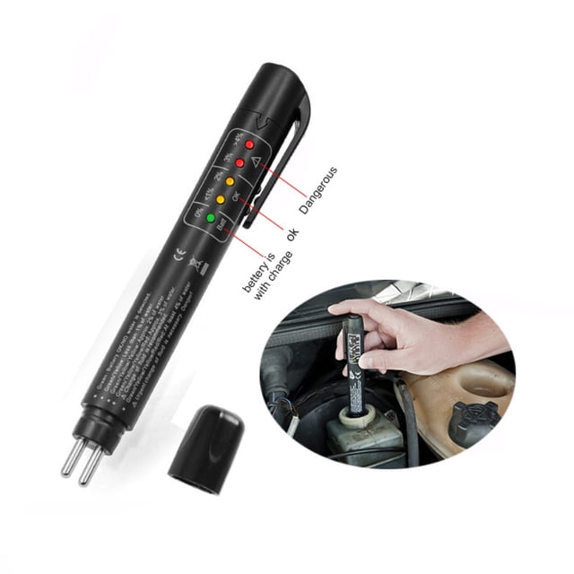 Universal Car Brake Fluid Liquid Tester Accurate Oil Quality Check Pen Tool with a black cylindrical design featuring five LED indicators for moisture detection in brake fluid. The LEDs display green, yellow, and red lights to indicate fluid condition, from good to dangerous. The tool is shown with its cap removed, exposing two metal probes for testing. An inset image demonstrates the tester in use, inserted into a vehicle's brake fluid reservoir. Suitable for testing DOT 3, DOT 4, and DOT 5 brake fluids. Compact and portable, measuring approximately 15.5 cm in length.