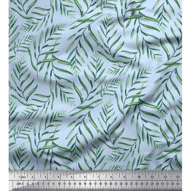 Soimoi Blue Modal Satin Fabric Pine Leaves Print Sewing Fabric Yard 42 Inch Wide