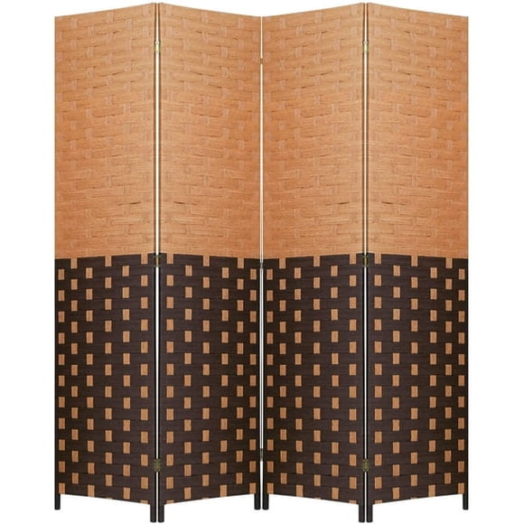 FDW 4-Panel Folding Room Divider Wood Screen with Mesh Woven Design, Portable Home & Office Partition, CM