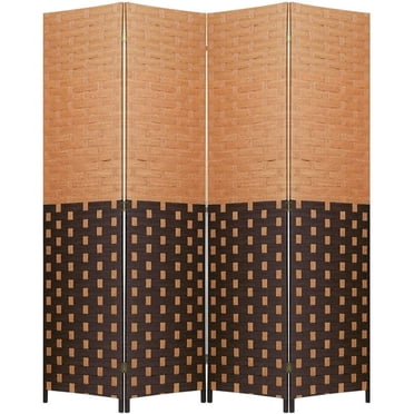 FDW 4-Panel Folding Room Divider Wood Screen with Mesh Woven Design, Portable Home & Office Partition, CM