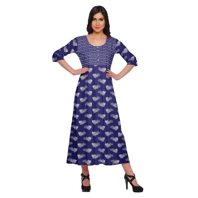Moomaya Haut Indien Imprimé Robe Kurti Longue Tunique à Manches 3/4 Robes pour Femmes