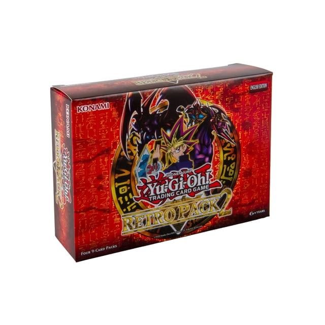Yu-Gi-Oh! Retro Pack Jeux de Cartes à Collectionner 2 Boîte Illimitée Montrant une Boîte de Boosters Rectangulaire Rouge avec des Motifs Hiéroglyphiques Égyptiens, le logo Yu-Gi-Oh!, et des Personnages Yugi et des Monstres Foncés à l'Avant, Étiquetée Édition Anglaise et Convient aux 6 Ans et Plus, Idéale pour les Collectionneurs et les Joueurs de Jeux de Cartes à Collectionner.