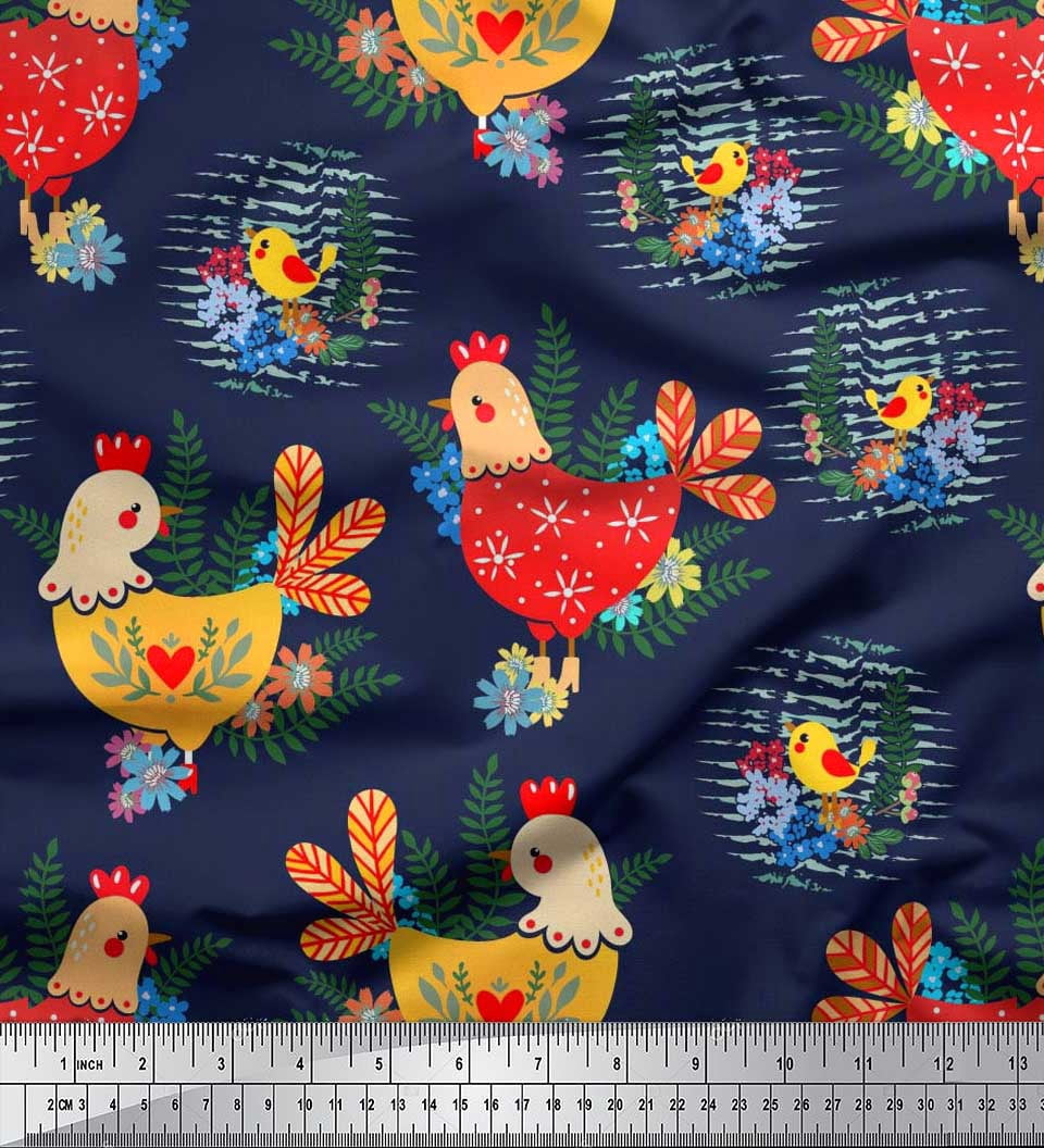 Soimoi Moss Georgette Fabric Floral,Chick & Cock Cartoon Printed Fabric 1 Yard 42 Inch Wide
