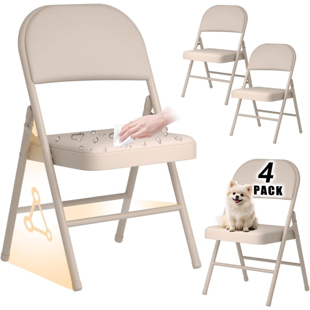 Folding Chairs 4 Pack,Portable Stackable Seat with Steel Frame and Soft PU Cushion(Beige)