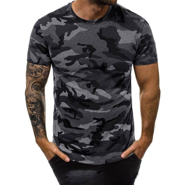 HIMONE Chemise Imprimée Camouflage pour Hommes Manches Courtes Été Basique Col Rond Ajusté Décontracté Taille p-5TG