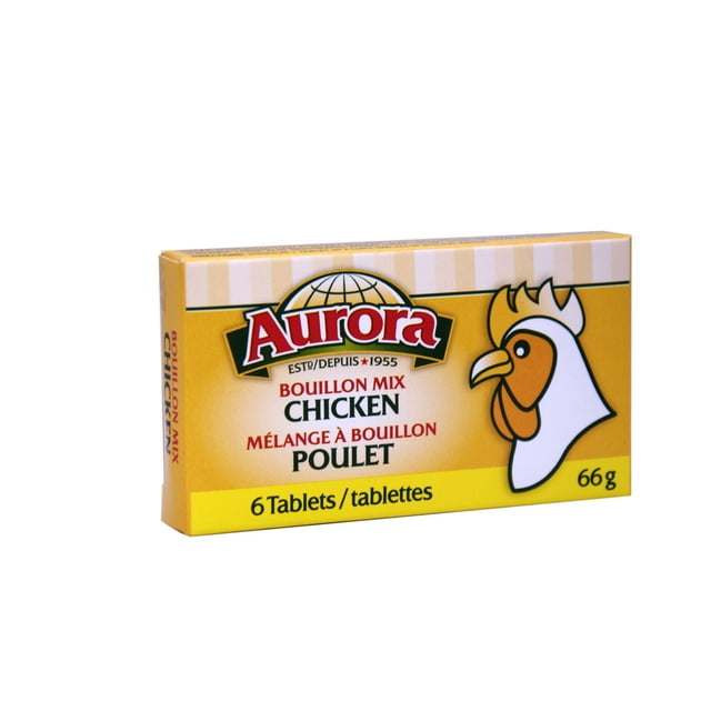 AURORA Bouillon Mix Chicken Tablets box with 6 chicken-flavoured bouillon tablets weighing 66 g, featuring a yellow and orange design with a stylized chicken head and bilingual English-French text, ideal for adding flavour to soups, stews, and broths.