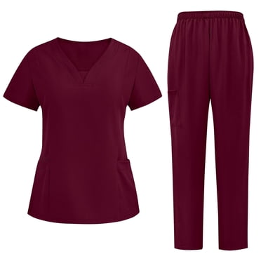 yoeyez Scrubs for Women Plus Size 4X,Ladies Modern V-Neck Top andelastic Waist Pants Medical Scrubs Nursing Set With Pockets Wine