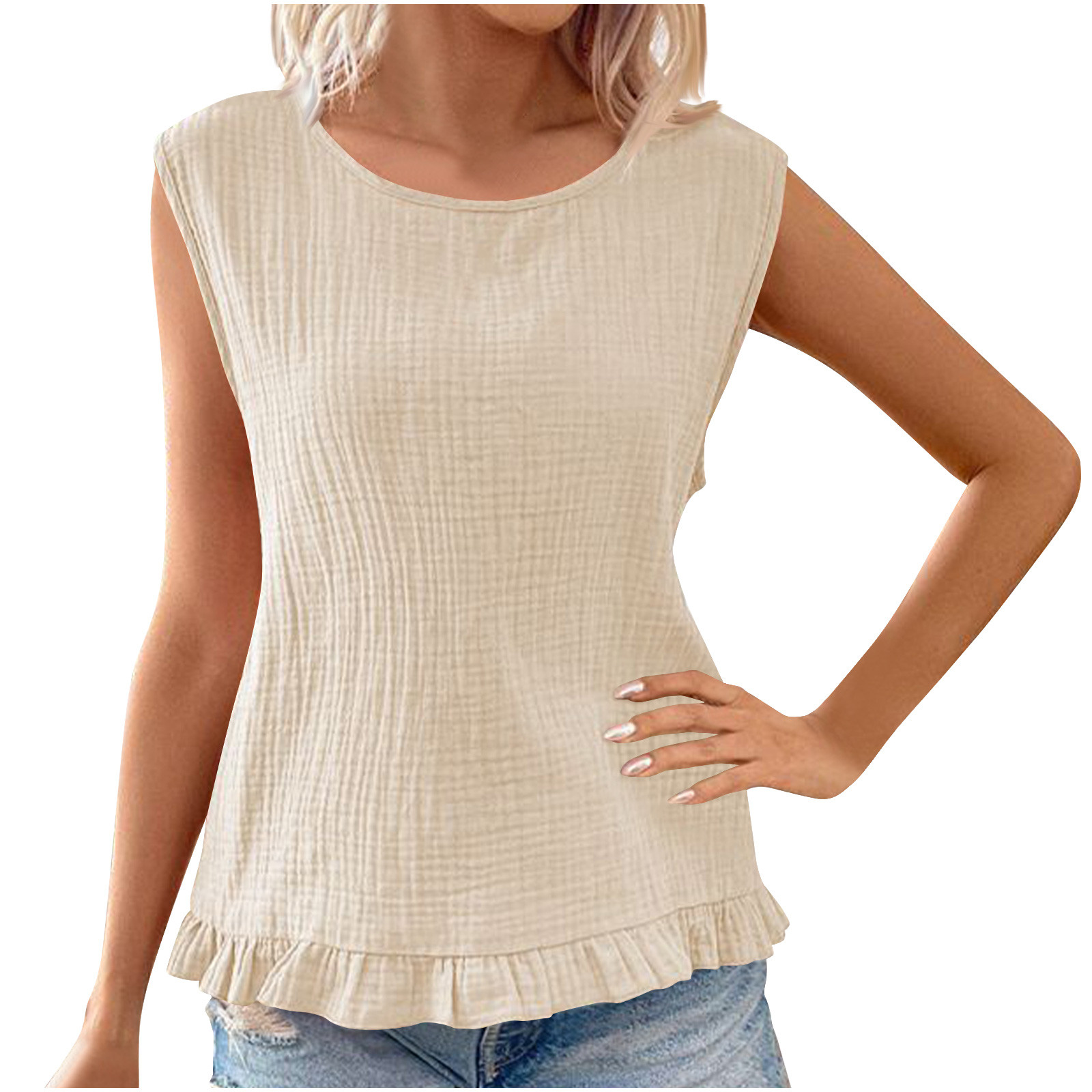 Timegard Womens Tank Tops Round Neck Ruffle Solid Color Sleeveless Tee Casual Tunic Top for Leggings