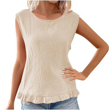Timegard Womens Tank Tops Round Neck Ruffle Solid Color Sleeveless Tee Casual Tunic Top for Leggings