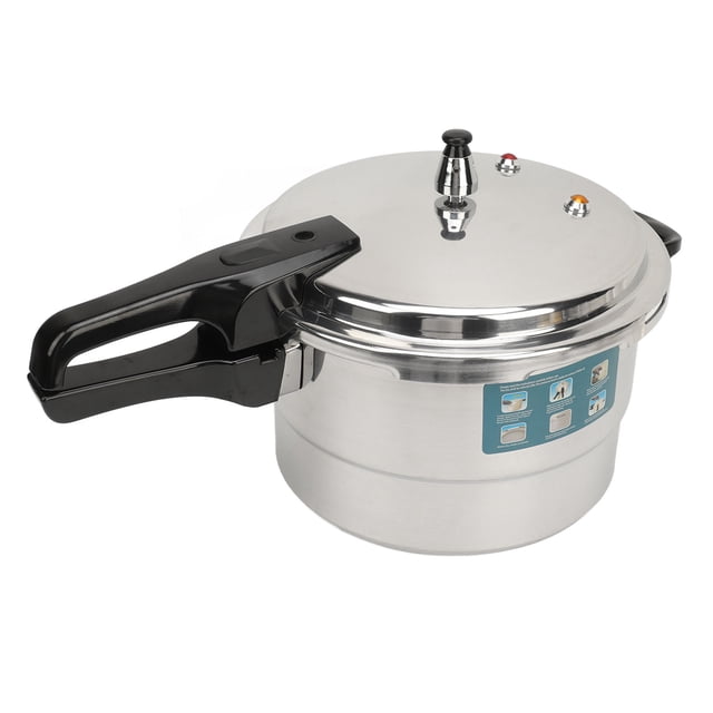 Aluminum Pressure Cooker, Pressure Canner with heat quickly and even heat distribution, shown in a front-facing view. The cooker features a durable aluminum body with a polished finish, a black ergonomic handle, and a secure lid with a pressure valve. Suitable for induction stoves, gas cooking stoves, electric stoves, and ceramic stoves. Includes a steam plate, handle accessories, and an instruction manual for versatile cooking options like steaming, stewing, and boiling.