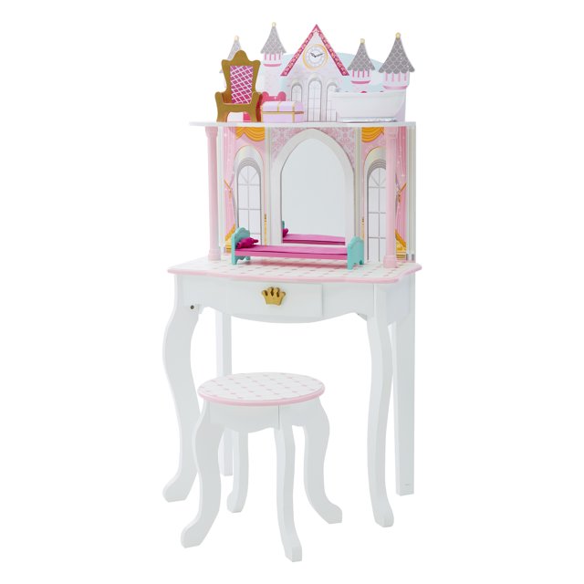 Teamson Kids Ensemble de Coiffeuse Château avec Miroir et Tabouret Blanc Conçu comme un Château de Conte de Fées avec des Rideaux Scintillants, des Fenêtres Cintrées et une Tour d'Horloge Détaillée. Comprend un Tabouret Assorti avec un Motif de Plancher en Carreaux et des Meubles Jouets comme un Trône, un Lit, une Baignoire et un Coffre au Trésor pour le Jeu Imaginatif. Parfait pour les Meubles et les Aires de Jeu des Enfants, la Coiffeuse Présente des Pieds cabriole, une Poignée de Tiroir Couronne Dorée et un Style Élégant.