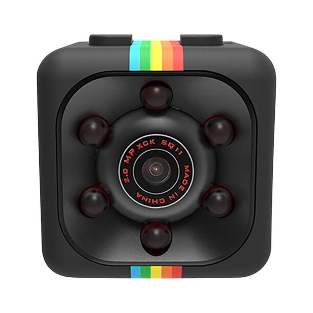 EGNMCR Webcam 1080P HD Indoor Camera Home Security Camera Outdoor Recording Portable Camera. A compact black camera with a 1080P HD sensor, featuring a 140° wide-angle lens surrounded by six infrared night vision LEDs. The front includes a colourful stripe design above the lens. Suitable for indoor and outdoor use, it offers motion detection, continuous video recording, and high-definition night vision up to 10m. Ideal for home security, travel, or office setups.