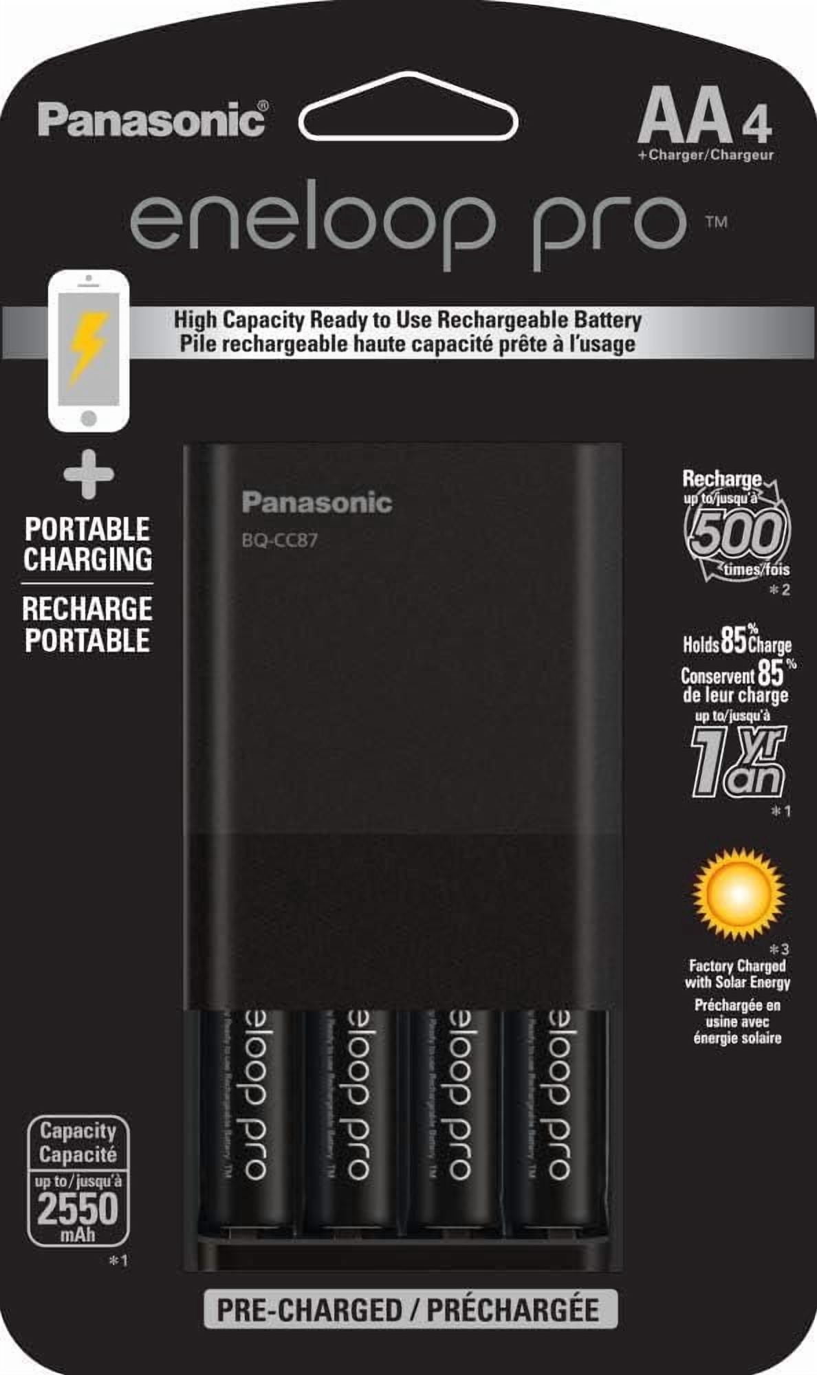 Panasonic Eneloop Chargeur de batterie individuel avec technologie de charge portable et 4 piles rechargeables AA Eneloop Pro