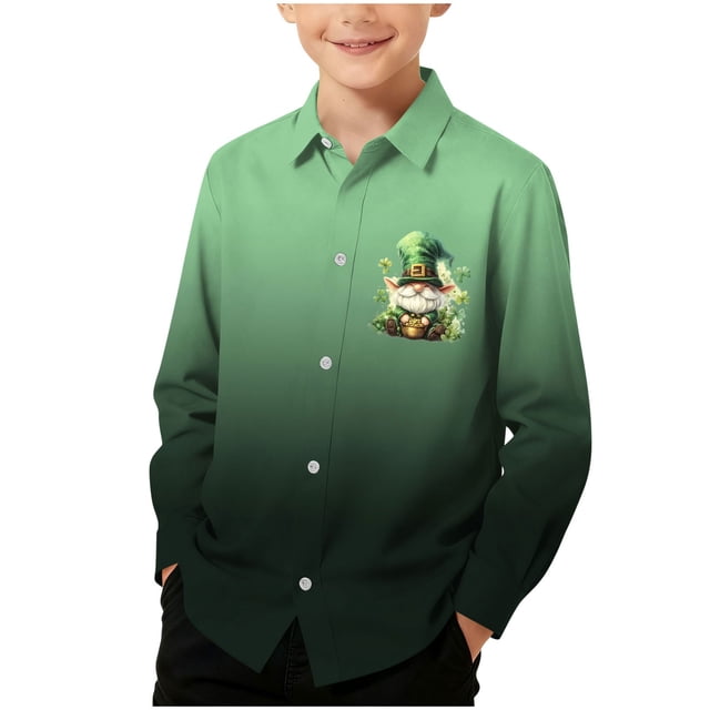 RXMEKW Chemise à Manches Longues Imprimée de la Saint-Patrick pour Garçons avec Col Rabattu, 95 % Coton 5 % Élasthanne, Vert