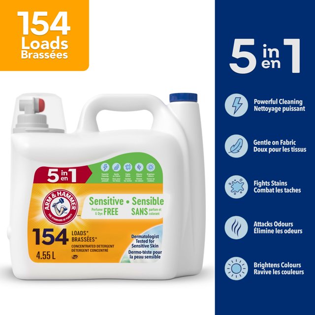 Arm & Hammer Sensitive Skin Liquid Laundry Detergent, Fragrance & Dye Free, 154 Loads