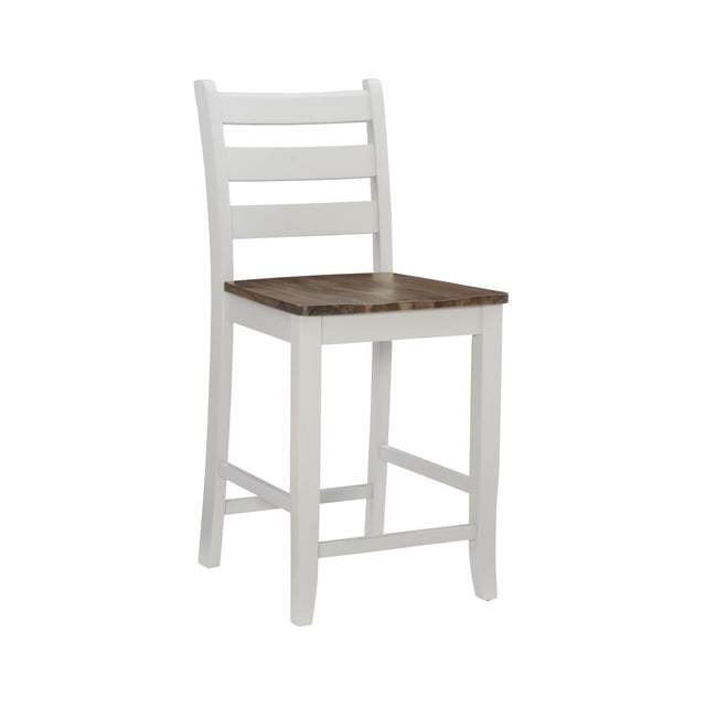 Tabouret de Comptoir Grayden (Ensemble de 2) avec une Finition Bicolore Comprenant un Siège en Placage de Bois d'Acacia Brun Chaud Brossé au Fil et un Cadre en Bois Franc Gris Pâle. le Tabouret Présente un design Classique à Dossier Échelle, un Repose-Pieds et une Hauteur de Siège de 24,5 Pouces, Idéal pour les Îlots de Cuisine Ou les Comptoirs. Il Convient Aussi comme Siège Supplémentaire dans les Coins Repas.