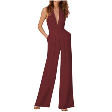 Womens Sexy Solid Color Halterneck Jumpsuit with Pockets - Polyester, Short Sleeve, Party Casual - S-XXL