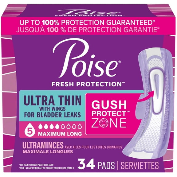 Poise Ultra Thin Postpartum Incontinence Pads, Maximum Absorbency, Long Length, 34 Count