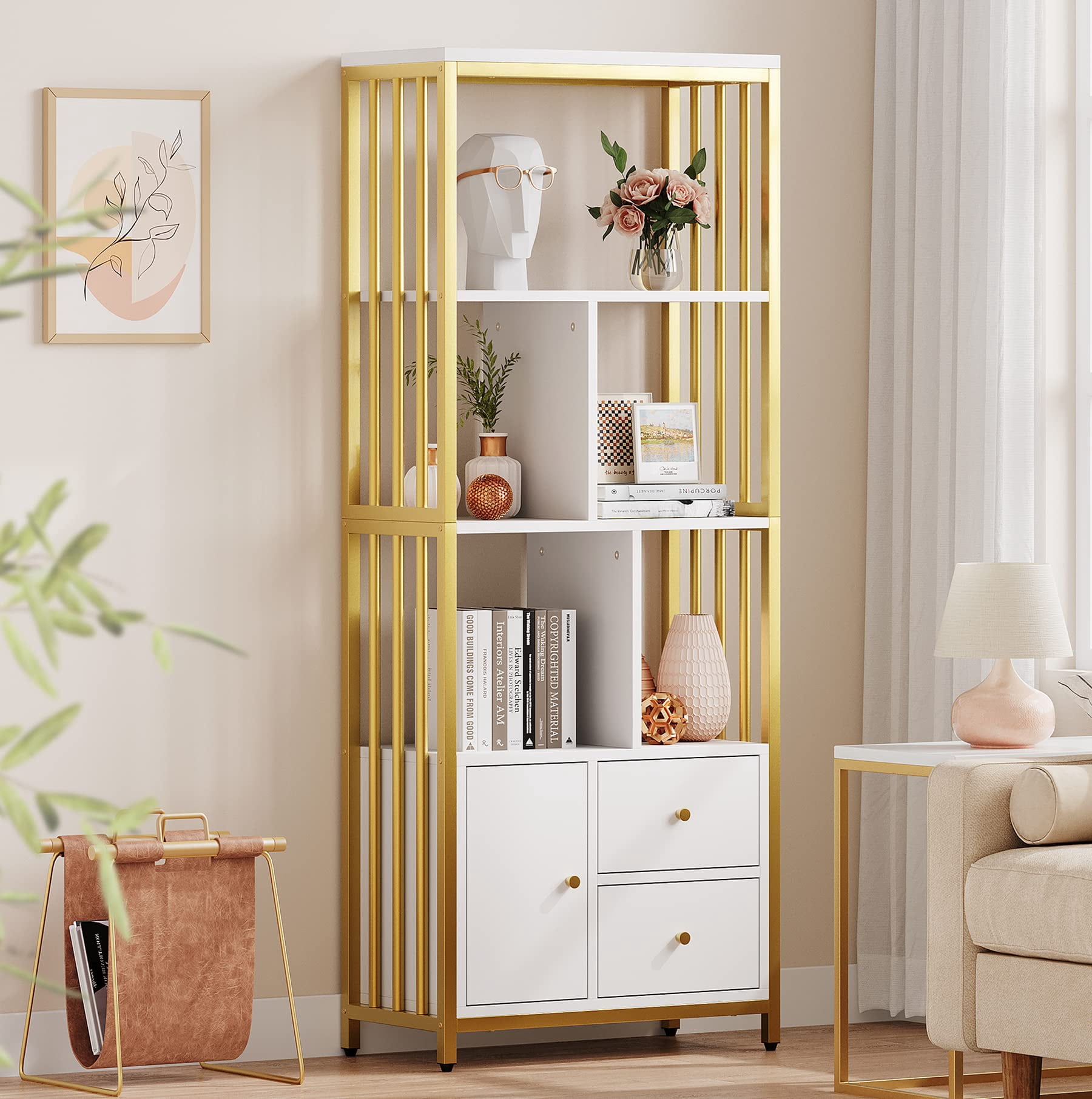 EDTara Gold Bookshelf Modern Bookcase with Drawers Storage Rack Shelf Tall Standing Bookshelves Metal Frame Large Display Racks Unique Book Shelf for Bedroom, Living Room, Home Office, White/Gold