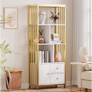 EDTara Bibliothèque moderne d'or avec tiroirs Étagère de rangement Tall Standing Bookshelves Cadre en métal Large Display Racks Étage de livre unique pour chambre, salon, bureau à la maison, blanc/or