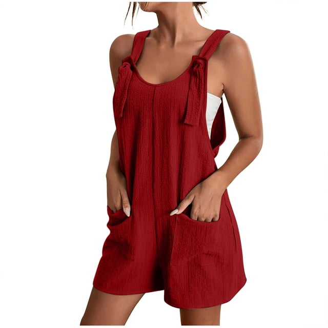 Économies d'Été! SROBPTY Combinaisons pour Femmes, Mode Femme Été Unie Décontractée Sans Manches à Bretelles Combinaison Courte Rouge, G