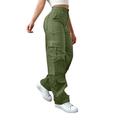 Ohufall Womens Cargo Pants Straight Leg Stretch Hiking Cargo Pant Trousers Button Elastic Waist Work Wear Cargo Pants