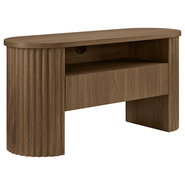 Bouclair Walnut Media Unit with Drawer featuring a curved walnut finish with ribbed vertical side panels, an open shelf for media devices, and a spacious drawer for storing remotes and accessories, suitable for compact living areas and media organization.