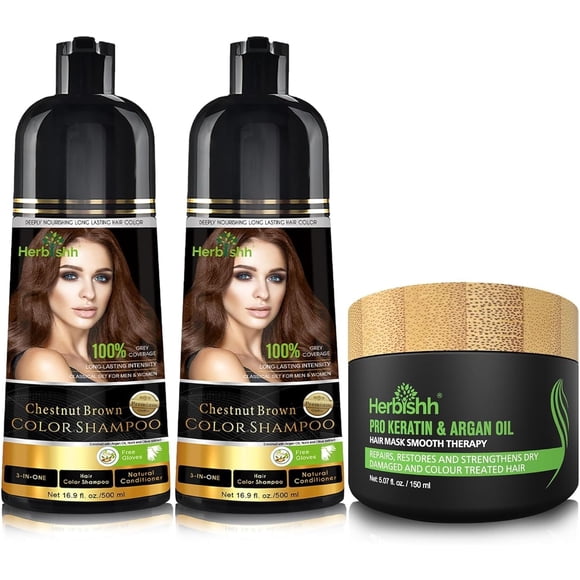 Herbishh Chestnut Brown Hair Color Shampoo for Gray Hair, Hair Dye Shampoo with Argan Hair Mask,3 in 1, 100% Gray Coverage, Permanent Hair Color for Men & Women, Ammonia-free, (Pack of 2)