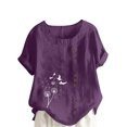 thumbnail image 2 of Économies d'Été! Horkkom Chemises à Manches Courtes pour Femmes Été Grande Taille Chemises en Lin Décontractées Col Rond Imprimé Floral Blouses Amples, 2 of 4